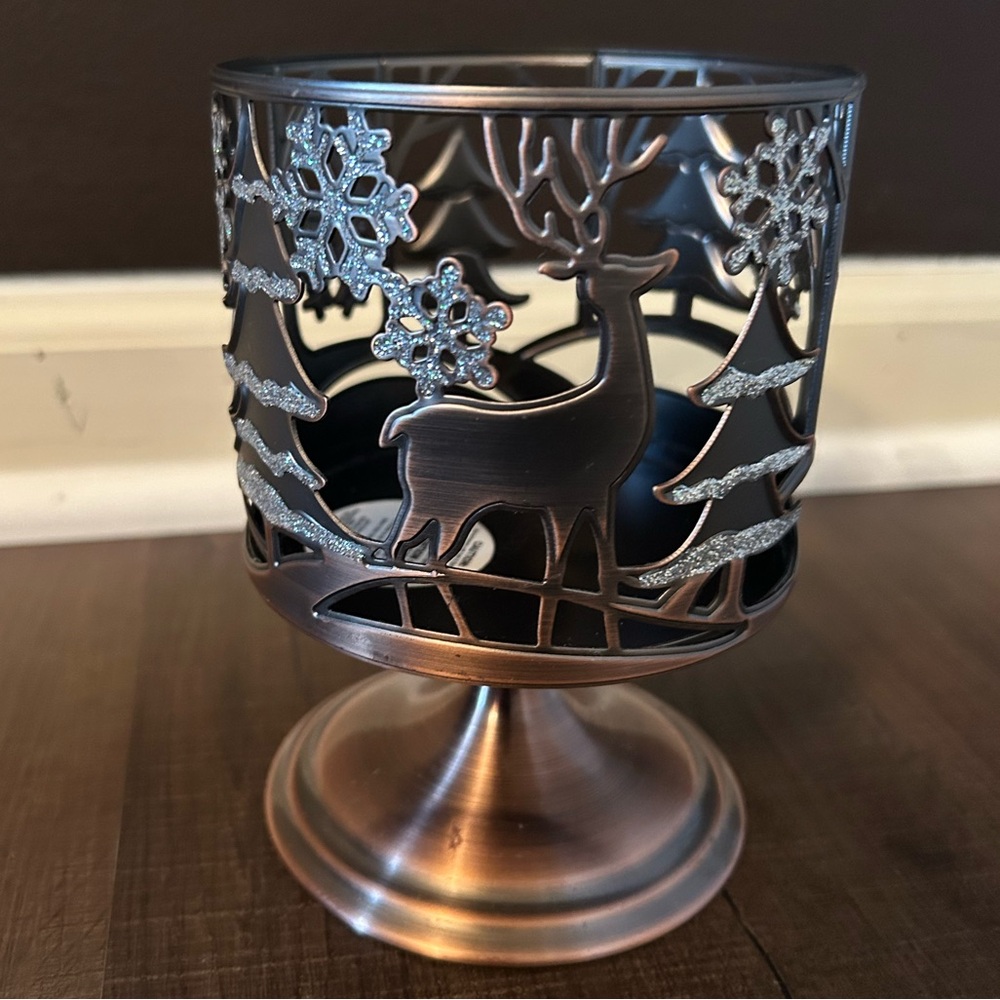 Bath and Body Christmas Deer Bronze Color 3 Wick Candle Holder Discontinued EUC